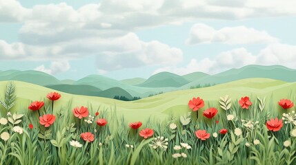 Sticker - Prairie Scene: Wide-open prairie with tall grasses and wildflowers. paper cut Art Style 3d background 