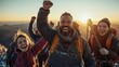 © Chanwit - A joyful group of hikers celebrates their mountain summit, basking in the golden glow of a sunset, embodying adventure and camaraderie.
