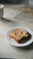 Wall Mural - Brioche almond French Toast fresh tasty food dish Delicious gourmet food background on the table rustic food top view copy space