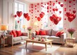 © Adisorn - Romantic Living Room Interior with Red Heart Balloons & Sofas - Cozy Home Decor Stock Photo