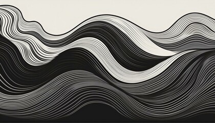 Wall Mural - abstract black and white artwork featuring flowing wavy lines in a minimalist scandinavian design