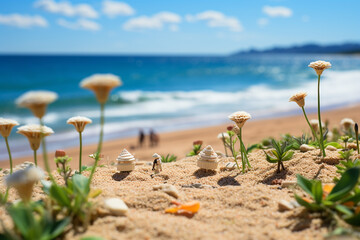 A stunning natural tableau is depicted featuring meeting of sand dunes and ocean dynamic coastal front and peaceful merging of land and sea