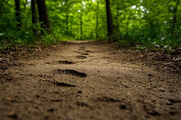 Poster - Dirt path in a forest with a trail of footprints leading through the trees. Scene is tranquil and calming