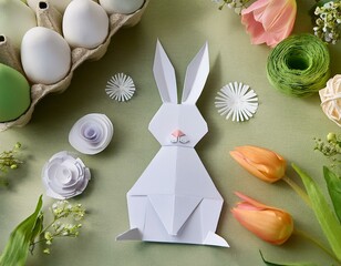 Sticker - white paper easter bunny craft with flowers decoration