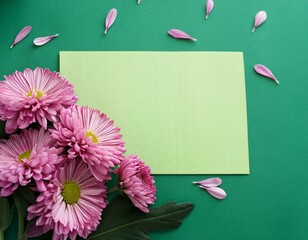 Wall Mural - background for a postcard with pink chrysanthemums on green paper