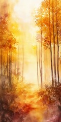 Poster - A stunning watercolor painting depicting a warm forest scene filled with autumn colors, light effects, and a tranquil ambiance, perfect for nature lovers.