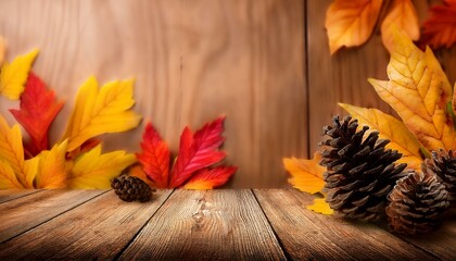 Sticker - natural autumn background with leaves and pine cones on wood