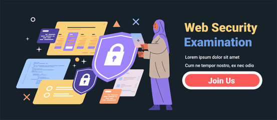 Web security examination concept with woman holding tablet surrounded by floating security shields and code snippets dark background website banner