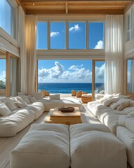 Wall Mural - Luxurious beachfront living room with ocean view. (2)