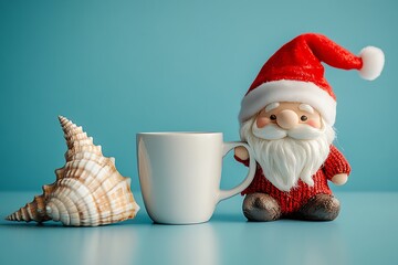 Wall Mural - Festive Santa figurine with a mug and seashell on a teal background.