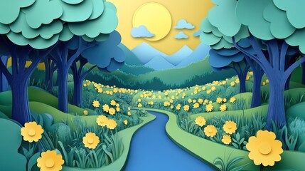 Sticker - Protecting Wetlands: Wetlands teeming with diverse wildlife. paper cut Art Style 3d Background 