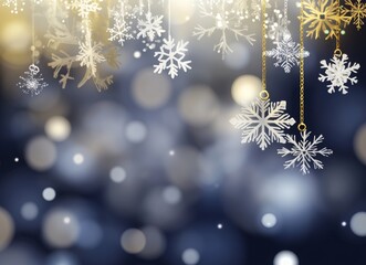 Wall Mural - A sophisticated winter tableau featuring numerous glistening snowflakes set against a bokeh backdrop, with a gradient from dark blue to light blue adding depth.