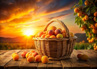Wall Mural - Silhouette of Apricot Basket at Sunset - Summer Fruit Harvest