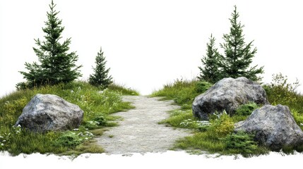Wall Mural - A path is shown between two trees and two large rocks