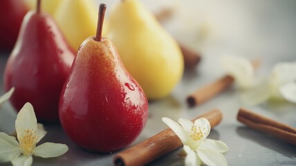 Wall Mural - Close-up of ripe red and yellow pears with flowers cinnamon sticks