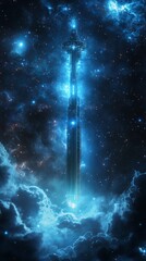 Wall Mural - tall, blue structure stands out against the backdrop of a cloudy blue sky. the sky is dotted with st
