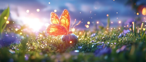 Canvas Print - Magical orange butterfly on dewy grass in a sunlit meadow with glowing particles.