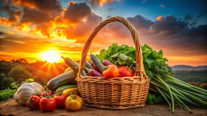 Wall Mural - Silhouette of Woven Basket Overflowing with Freshly Harvested Allotment Vegetables at Sunset