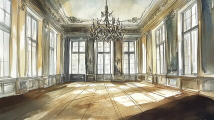 Poster - A sophisticated ballroom design sketch showcasing arched windows and a chandelier