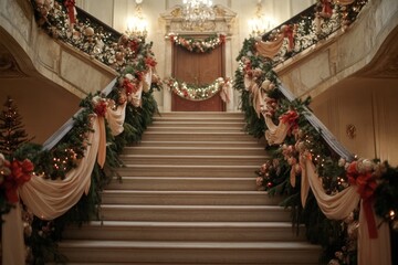 Wall Mural - The staircase is adorned with festive decorations, including Christmas lights and greenery