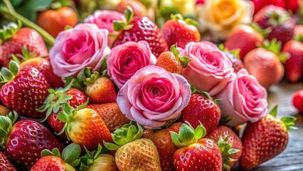 Wall Mural - Still Life Photography: Strawberries and Roses, Elegant Summer Fruit and Flower Arrangement