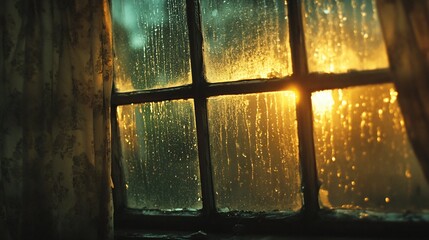 Wall Mural - Rainy sunset view through old window