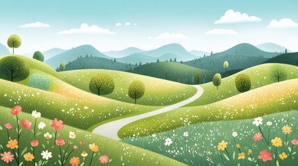 Wall Mural - Idyllic scene of rolling green hills and vibrant wildflowers, perfect for nature and travel themes.