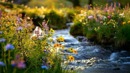 Wall Mural - Tranquil Stream Flowing Through Vibrant Wildflowers in Picturesque Meadow, Embraced by Sunlight and Lush Greenery, Showcasing Beauty of Nature and Landscape.