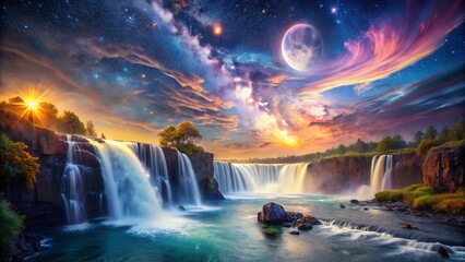 Wall Mural - Surreal Night Sky, Celestial Waterfall, Dreamlike Landscape, Galaxy Starscape