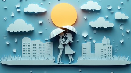 Sticker - Rainy Day: A couple sharing an umbrella and kissing in the rain. paper cut Art Style 3d background 