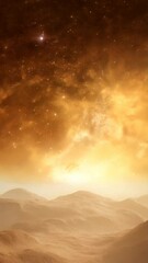 Wall Mural - Vertical video of Stunning cosmic landscape of golden mountains and rolling hills under starry sky, evoking sense of wonder in space.