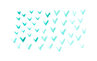 Vibrant turquoise brush stroke pattern with abstract checkmark elements on white background.