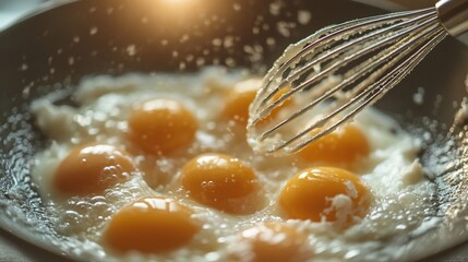 Sunny-side up eggs cooking in pan, kitchen background, breakfast food