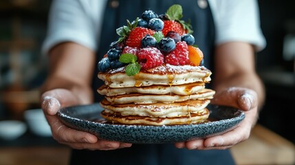 A person in an apron presents a stack of pancakes adorned with blueberries, strawberries, raspberries, mint, and syrup in an inviting breakfast presentation.