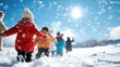 ©  Shomixer - A group of children in colorful clothing are playing in a snow-covered field, with snowflakes flurrying around them against a clear blue sky.