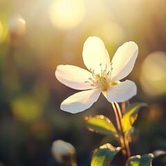 Poster - Close-up of a white flower basking in sunlight, showcasing delicate petals and vibrant green leaves in a serene garden setting.