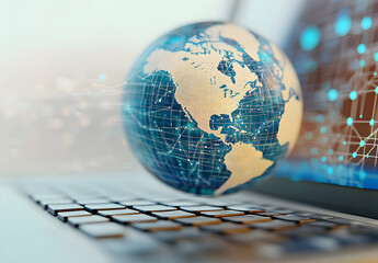 Wall Mural - A globe with global network connections floating above the keyboard, symbolizing online connectivity and worldwide internet connection technology 