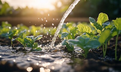 Sticker - Watering young plants at sunset, agriculture