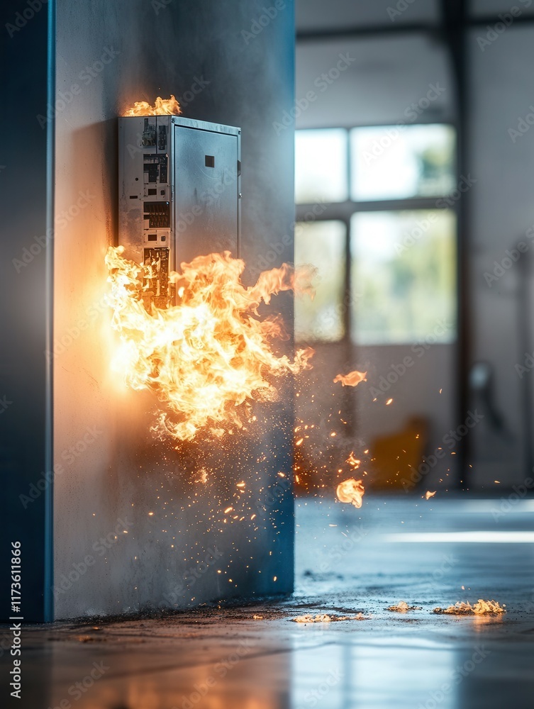 Electrical panel on fire with flames and sparks in industrial setting ...