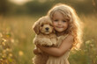 © Pavel Cordero - A blonde girl hugs her puppy, sunset nature background. International Hug Day.