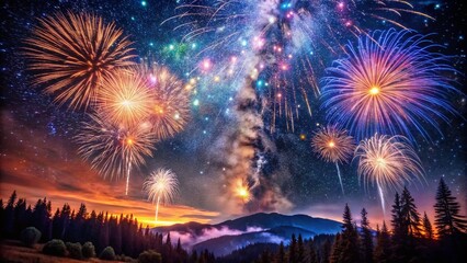 Wall Mural - vibrant fireworks display against a blurred milky way galaxy at night