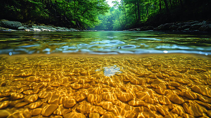 Wall Mural - Crystal-clear river flowing through lush green forest, showcasing vibrant underwater rocks and pebbles.