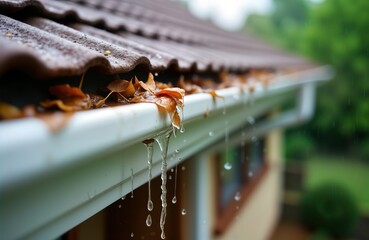 rainwater overflows from clogged white gutter. fallen leaves obstruct drainage. water damage prevent