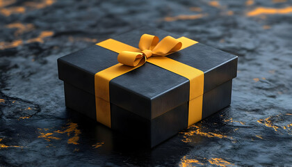 Wall Mural - Elegant black gift box with a golden ribbon on a dark textured surface.