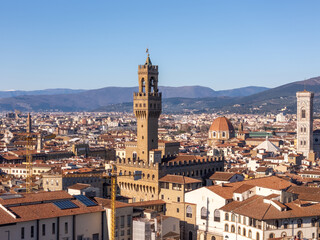 Wall Mural - Aerial drone view of the tower of Palazzo Vecchio in Florence, Italy.