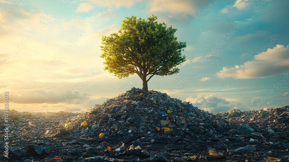 The last tree on Earth amid a heap of trash, symbolizing environmental ...
