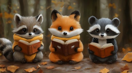 Wall Mural - Cute animals reading books in forest