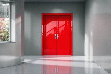 Wall Mural - Bright red double doors in modern interior with grey walls and natural light.