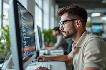 Focused programmer working at computer in a modern office with blurred background.
