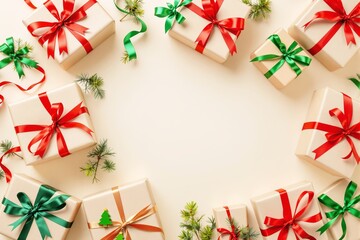 Wall Mural - Christmas gift boxes with red and green ribbons arranged on a light cream background.